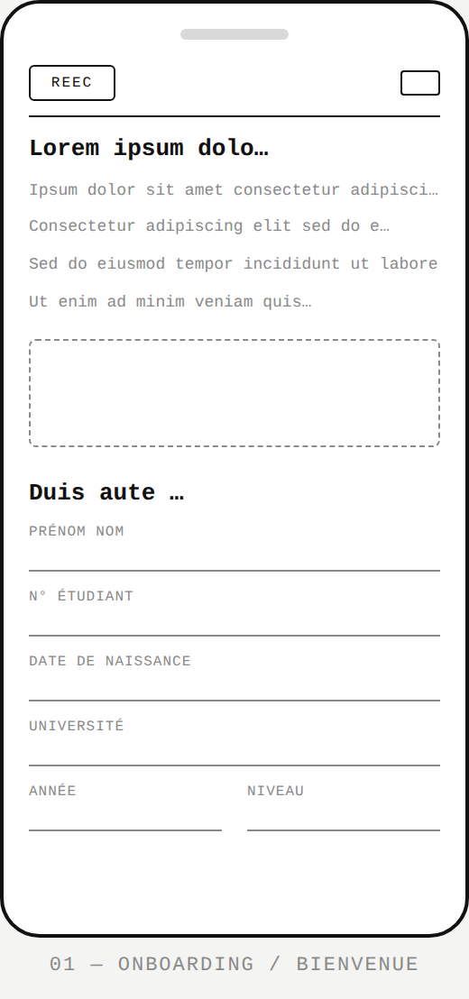 Wireframe 01 — Onboarding / Bienvenue