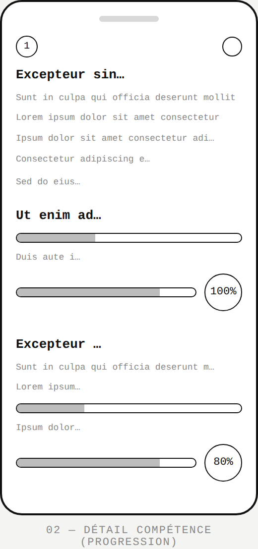 Wireframe 02 — Détail compétence / Progression