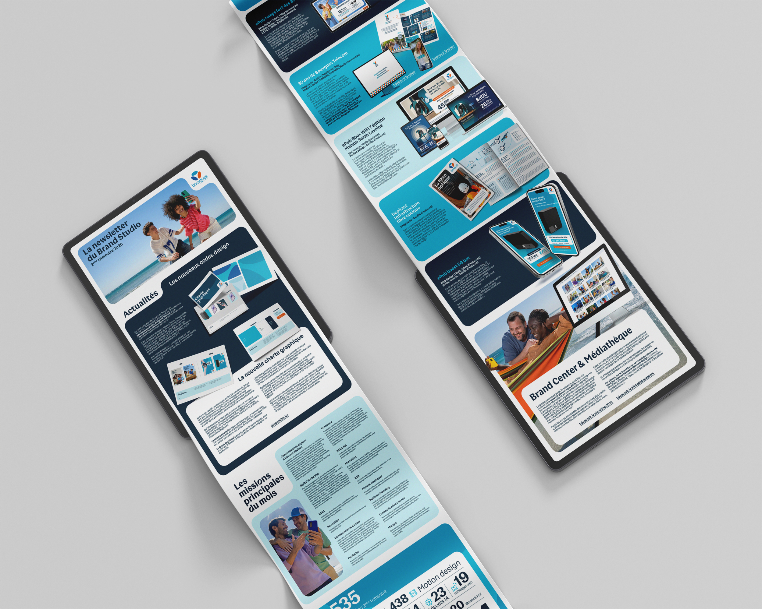 Newsletter du Brand Studio Bouygues Telecom, T2 2026, présentée sur tablettes