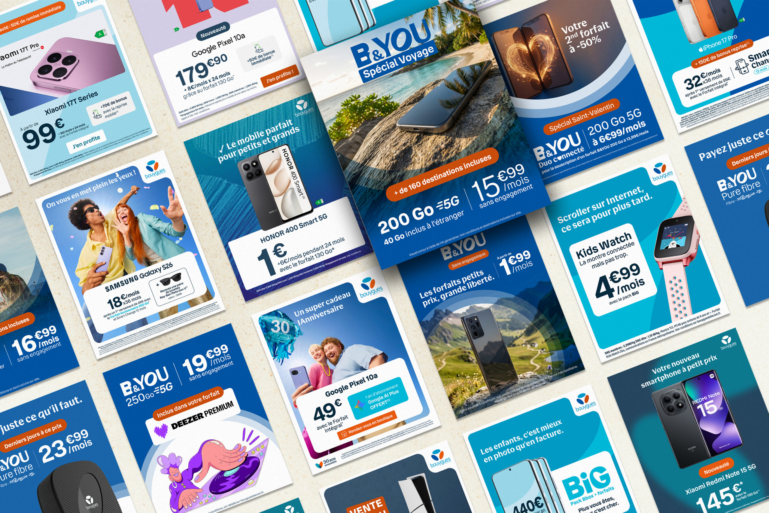 Sélection de visuels publicitaires générés pour Bouygues Telecom (mobiles, forfaits, offres), conformes au design system de marque